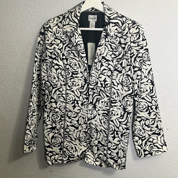 Chico’s Contrast Fleur Elanore Jacket White Black Floral Womens Size 1 NWT - Picture 1 of 12